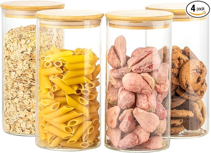 HeipokLife 4 Pack 42oz Glass Jars with Bamboo Lids,Glass Storage Containers with Lids,Clear Airtight Food Storage Jar for Flour,Oat,Coffee,Tea,Sugar,Cookies,Pantry Organizers 3mm Thick Canisters
