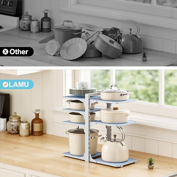 LAMU Pots and Pans Organizer under Cabinet, 8 Tier Heavy Duty Pan Organizers inside Cabinet, Adjustable Pot Rack for Small Kitchen Storage, 15" Height Holds Cast Iron Pans and Skillets White