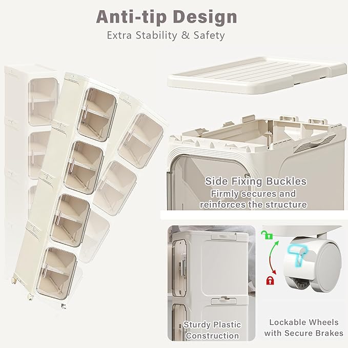 4-Tier Slim Bathroom Storage Cabinet, Narrow Storage Cabinet with Wheels, Adjustable Shelves, Magnetic Doors, Water-Proof, Anti-Tip Skinny Organizer Cabinet for Small Space, Cream White