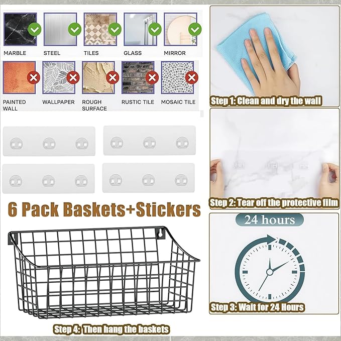Sonyabecca 6 Pack Hanging Wall Basket for Organizing, Large Wire Basket for Storage Pantry with 5 S Hook+6 Adhesive Hook, Wall Mounted Shelf for Kitchen Bathroom