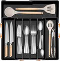 Large Kitchen Silverware Organizer - Expandable 17.2" x 17.9" Adjustable Drawer Tray, 4-7 Compartments for Maximum Storage, BPA-Free, Black