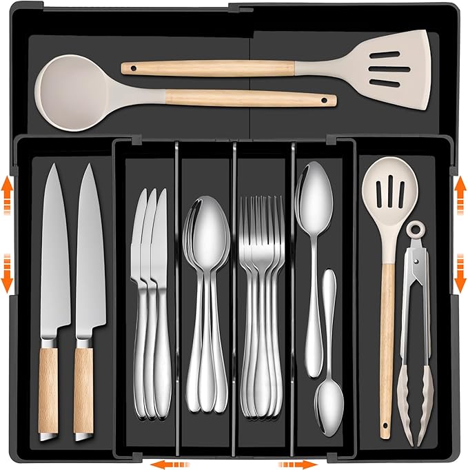 Large Kitchen Silverware Organizer - Expandable 17.2" x 17.9" Adjustable Drawer Tray, 4-7 Compartments for Maximum Storage, BPA-Free, Black