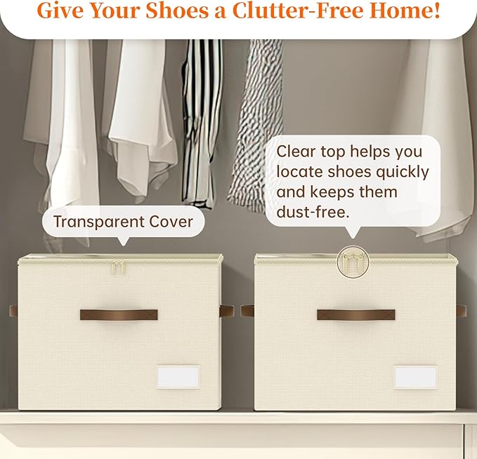 3 Pack Shoe Organizer for Closet, Foldable Shoe Storage Containers, Fits 24-48 Pairs, Shoe Storage Organizer Box Cubby Baskets Bins with Clear Cover and Reinforced Handles, Beige