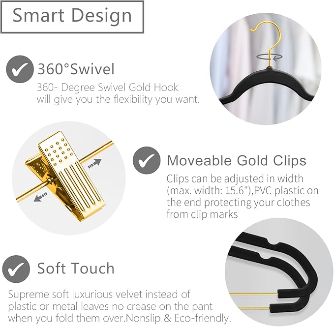MIZGI Premium Velvet Pants Hangers with Adjustable Clips (Pack of 10) Slim Skirt Hangers- Non Slip Felt Outfit Dress Hangers Black - Gold Hooks,Space Saving Shirt Clothes Hangers