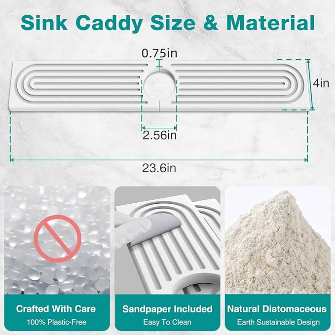 DK177 Diatomite Fast Drying Faucet Mat for Kitchen Sink, Water Absorbing Stone Tray, Faucet Splash Guard for Bathroom Counter, White, 23.6" x 4"