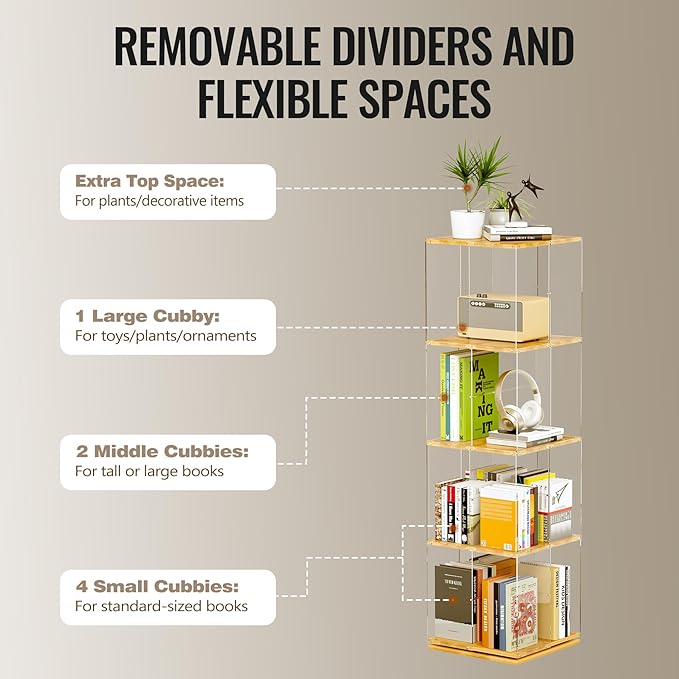 Rotating Bookshelf, 360 Degree Revolving Bookcase, 4-Tier Spinning Bookshelf, Clear Acrylic & Solid Wood Rotating Bookcase for Kid’s Playroom, Bedroom and Living Room, Square