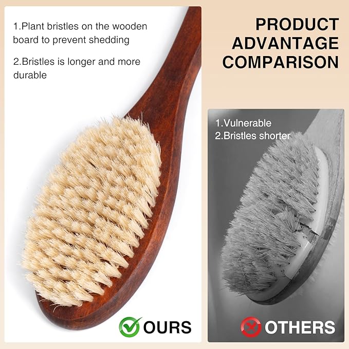 Wooden Bath Brush with Gentle Bristles Long Handle for Shower Back Scrubber Body Exfoliator (Gental Boar Bristle)