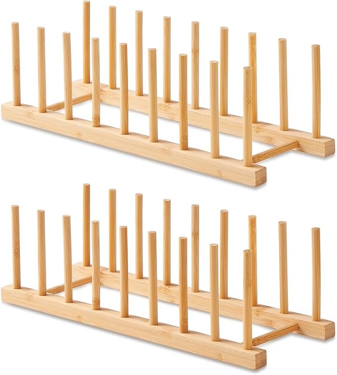 2 Pack Bamboo Wooden Dish Rack-Plate Pot Lid Cutting Board Organizer Holder Rack for Cabinet-Kitchen Cabinet Organizer for Dish, Pots, Lids, Bowls, Bottles, Books, and Puzzle