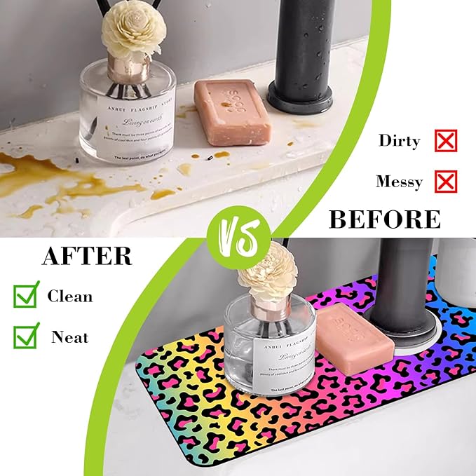 Sink Faucet Absorbing Mat Rainbow Colored Leopard Print Sink Splash Guard Drying Mat for Kitchen Bathroom Faucet Sinkmat 15.5"X5.5"