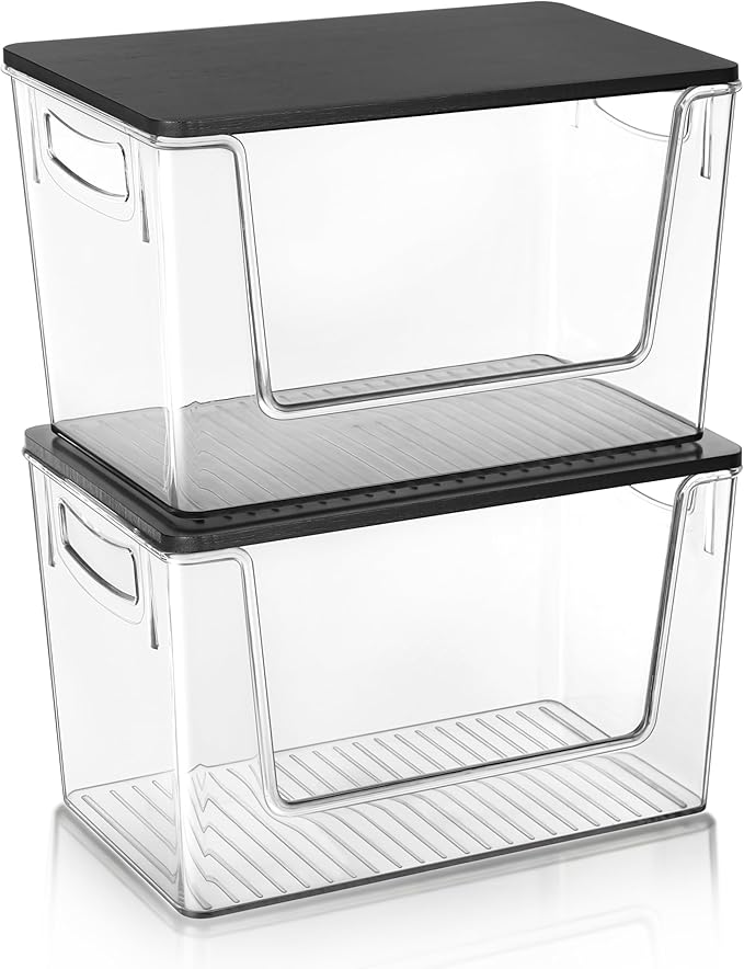 Pantry Organizers Storage, 2 Pack Under Sink Organizer Trash Bag Holder with Black Bamboo Lids Large Capacity Clear Storage Bins for Onion, Potato, Garlic, Canned Food Countertop Organizer