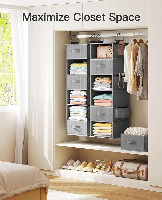 Pipishell Hanging Closet Organizer 6-Shelf, Hanging Shelves for Closet with 3 Removable Drawers & Side Pockets for Bedroom, Garment Rack and Wardrobe Organization, 12' x 12' x 43.3', Dark Gray