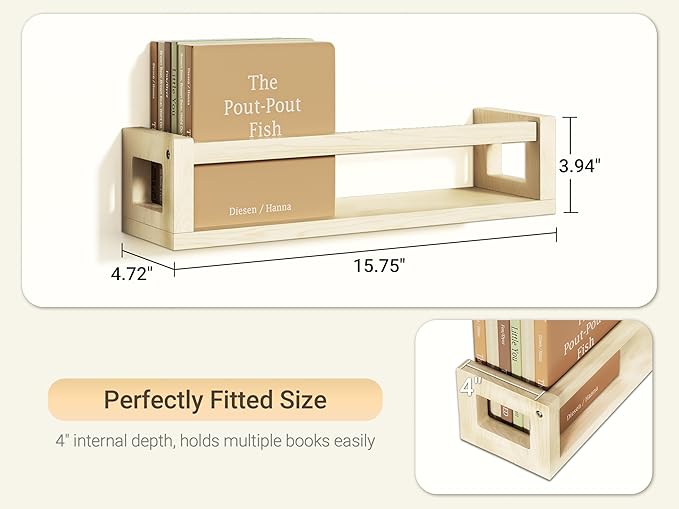 Sturdy Floating Shelves – Set of 3 Wall Bookshelves and Nursery Floating Shelves for Books, Toys, Kitchen, Bathroom, and Home Decor – Natural Poplar