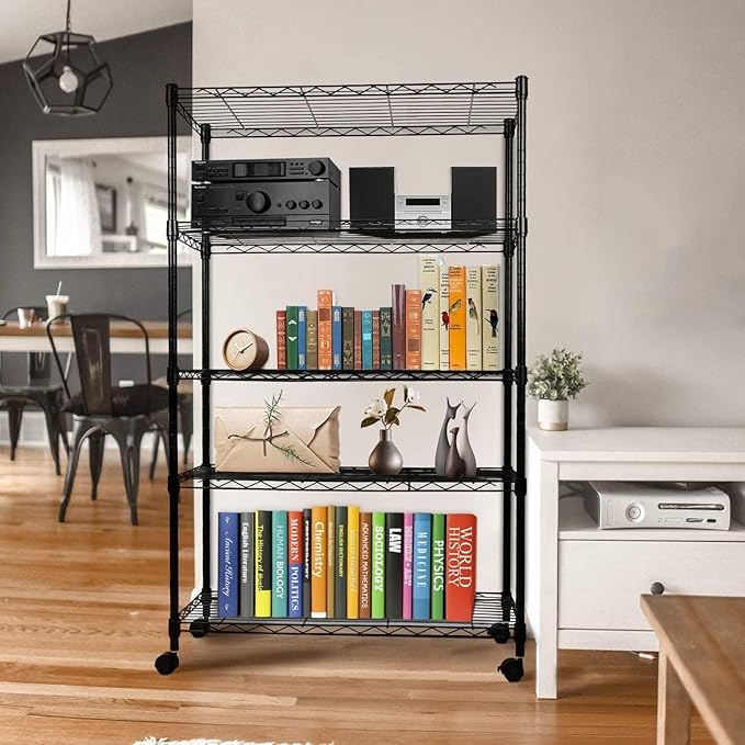 Simple Deluxe 4-Tier Heavy Duty Adjustable Storage Shelf with Wheels, 23.23”W x 17.63”D x 47.24”H, Wide Mobile Metal Shelving Unit, Easy Assembly for Living Room, Office,Black