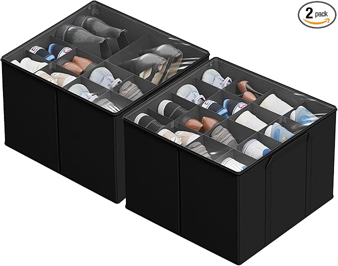 SUOCO 2 Pack Shoe Organizer for Closet, Fits up to 32 Pairs, Small Space Shoe Storage Boxes Bins Containers w/Adjustable Dividers and Clear Top, Black