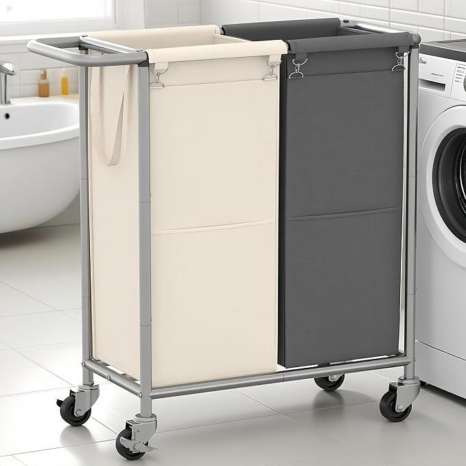 Heybly Laundry Basket, 2 x 18.5 Gal Laundry Separator Hamper with Heavy Duty Rolling Wheels, Divider Sorter with Removable Bags, Dirty Clothes Storage, 29.1 x 15.4 x 33.1 Inches HLH021P02