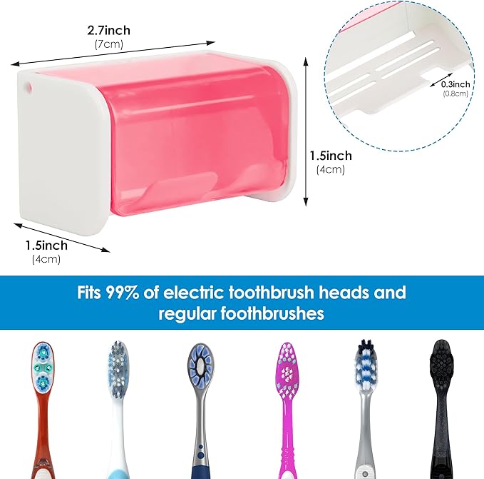 Toothbrush Holder Wall Mounted with Cover for Bathroom, 2 Slots Toothbrush Storage Organizer for Shower, Self Adhesive Toothbrush Hanger Rack for Dorm, Cabinet (Pink)