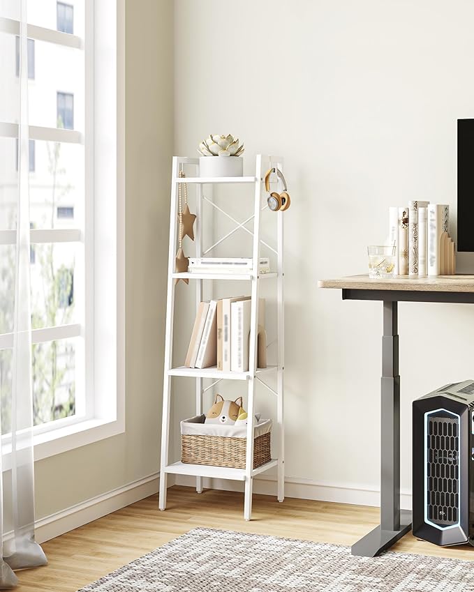 Ladder Shelf, Bookshelf Bookcase, Freestanding Corner Storage Shelve with 2 Hooks for Home Office, Living Room, Kitchen, Bedroom, Industrial, 4-Tier White BC13213W