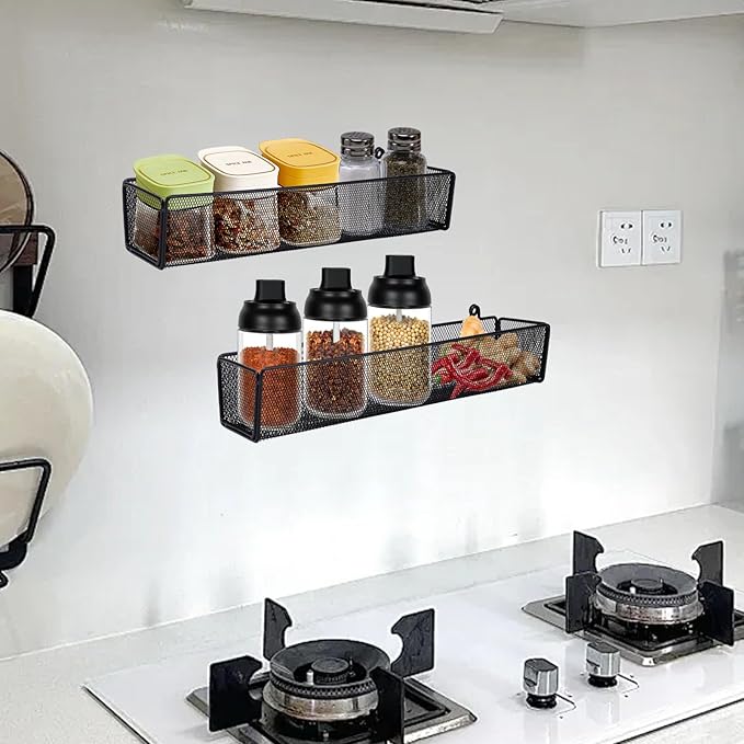Spice Rack Organizer Wall Mount, 2Pack Spice Organization Storage Shelf,Hanging Storage Baskets Organizer Saving Space for Kitchen,Pantry Doors, Bathroom, Shower, Home Decor,Black