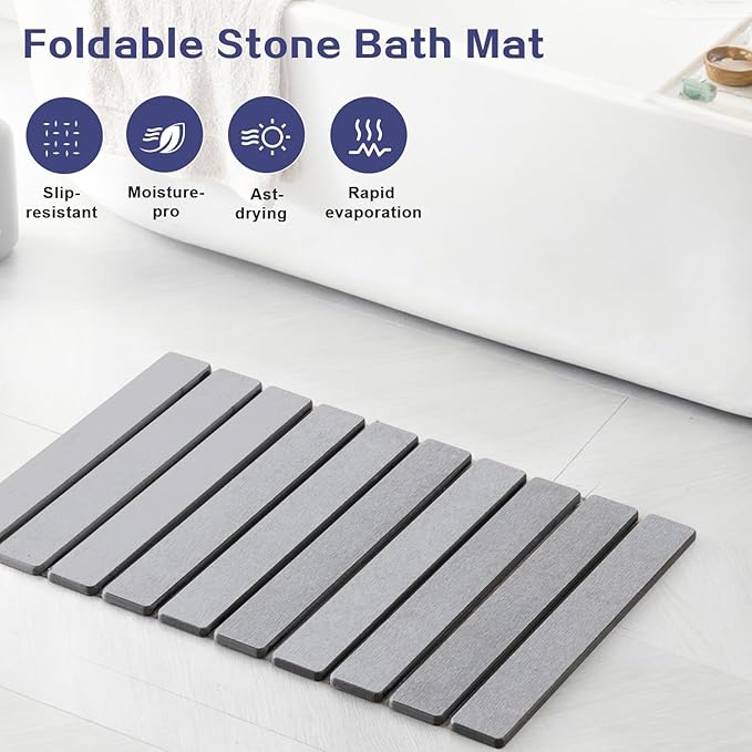 ODE TO ORDER 23.6 Inch Super Absorbent Diatomaceous Earth Mat for Bathroom, Light Grey Easy Clean Rollable Foldable Stone Bath Mat, Non-Slip Quick Dry Shower Mat for Kitchen,Outdoor Use