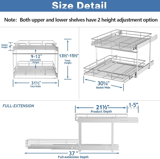 MODCART 2 Tier Individual Pull Out Cabinet Organizer 31½" W x 21½" D, Heavy Duty Cabinet Pull Out Shelves, Slide Out Drawers Organization for Kitchen Cabinets Bathroom
