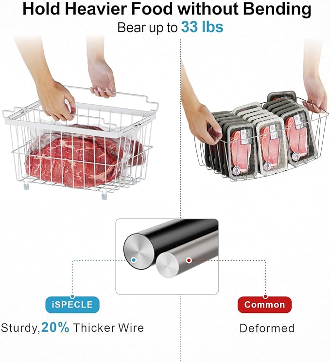 iSPECLE Freezer Organizer Bins - 2 Pcs Hanging Baskets for Deep Freezer, Adjustable Wider & Deeper Chest Freezer Organizer Bins for 5 to 9 Cu Ft, Extra Large & Easy Organize, White