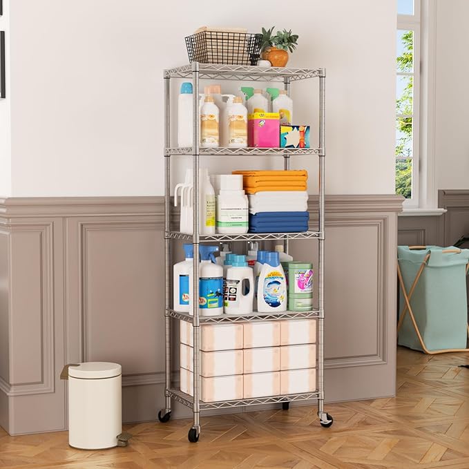 SINGAYE 5 Shelf Storage Wire Shelves Closet Bathroom Organizers Metal Pantry Kitchen Garage Shelving Unit Laundry Room Organization Home Narrow Rack Net Basket with Wheels White