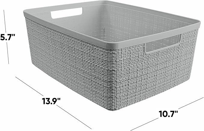 Curver Set of 6 Medium 12L Jute Decorative Plastic Organization and Storage Baskets - Perfect Bins for Home Office, Closet Shelves, Kitchen Pantry and All Bedroom Essentials, Grey