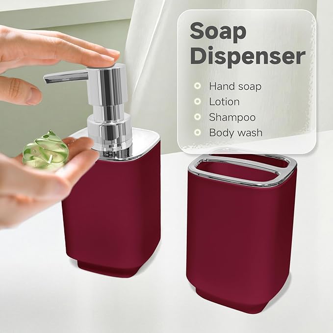 2Pack Burgundy Bathroom Accessories Set, Bohemian Bathroom Sink Set, Contain Soap Dispenser, Toothbrush Holder, Bathroom Toothbrush Holder Set