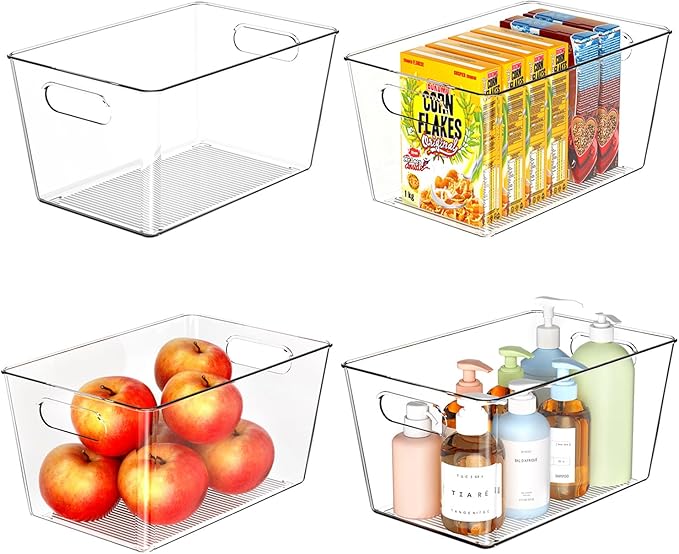 4 Pack Clear Plastic Storage Bins, Pantry Organization and Storage Bins for Kitchen-Fridge Organizer, Pantry Storage Containers, Cabinet Organizers