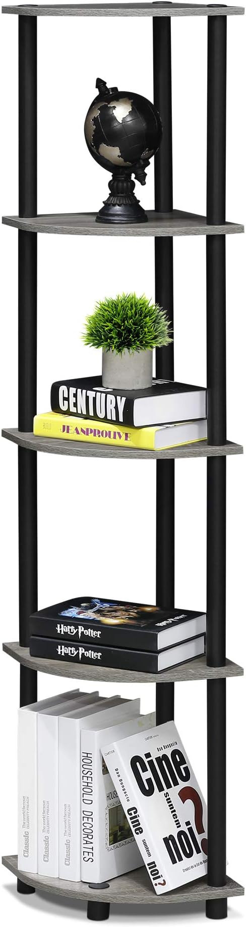 Furinno TURN-N-TUBE Corner Shelf, 5-Tier Corner Bookshelf, Open Storage Shelves, for Organization and Storage, Living Room, Home Office, Garage, Bedroom, French Oak