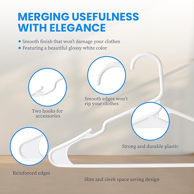 Simple Deluxe 50 Pack Plastic Hangers, Durable Clothes Hangers, Lightweight and Space-Saving Hangers for Shirts, Dresses, Coats, Pants, White