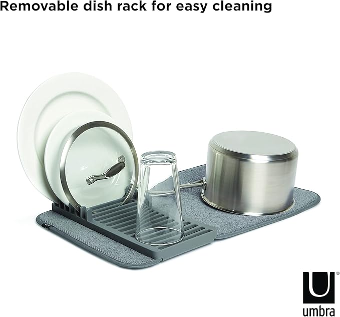 Umbra UDRY Rack and Microfiber Dish Drying Mat-Space-Saving Lightweight Design Folds Up for Easy Storage, Mini, Charcoal