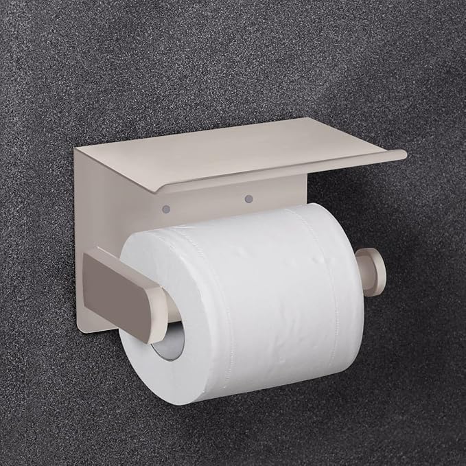 VAEHOLD Self Adhesive Toilet Paper Holder with Phone Shelf SUS 304 Stainless Steel Wall Mounted Toilet Paper Roll Holder - Rustproof and Bathroom Washroom Tissue Roll Holder with Shelf -Beige
