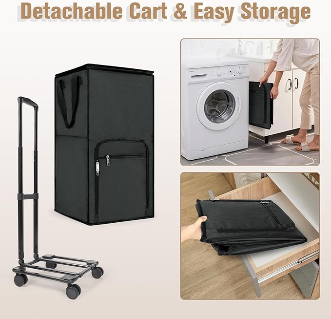 Bukere Extra Large Rolling Laundry Basket with Removable Wheels & Zipper Lid, Freestanding Laundry Hamper, Collapsible bag for Clothes Storage, Wheeled Cart for College Dorm Apartment Laundry Room