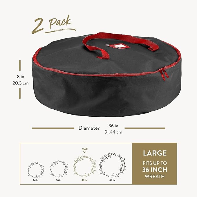 ZOBER 2 Pack Oxford Christmas Wreath Storage Container 36 Inch - Wreath Bag for Artificial Wreaths Box - Waterproof Fabric, Dual Zippered Wreaths Storage Bag With Strong Durable Handles - Black