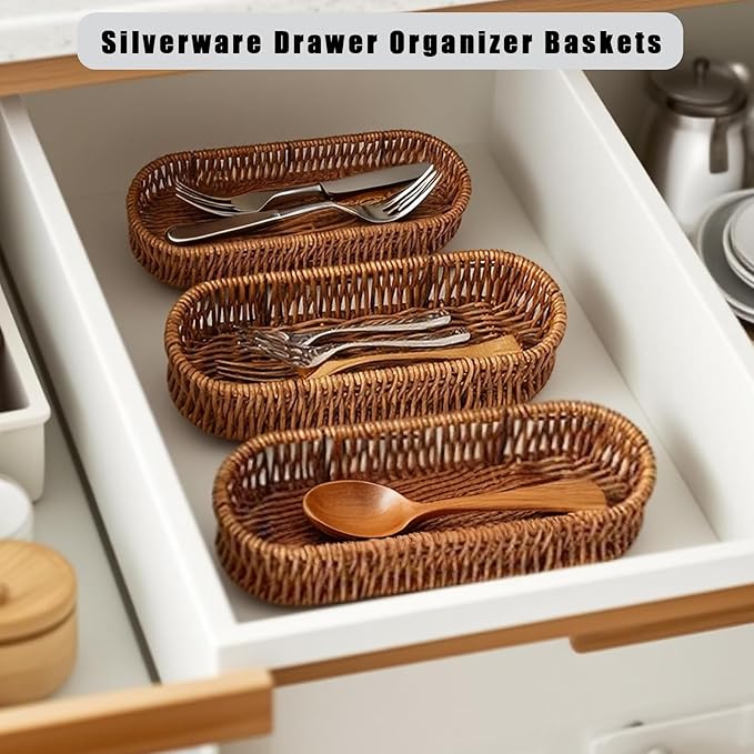 Set of 3 Silverware Drawer Organizer Makeup Baskets, Wicker Flatware Organizer for Knives Spoons Fork , Utensil Basket for Kitchen Drawers Cutlery Holder for Party Brown