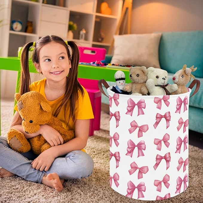 Bow laundry basket for girls,Nursery Hamper,Pink Laundry Hamper,Waterproof collapsible canvas laundry basket for girls,Pink Girls Laundry Basket,Living Room Decor(Bowknot)