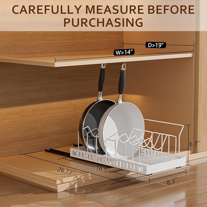Pots and Pans Organizer Under Cabinet, Pull-out Pots and Pans Organizer, Under Cabinet Pot Lid Holder, Sliding type Pots and Pans Storage with 8 Adjustable Dividers & Handle Bracket - White
