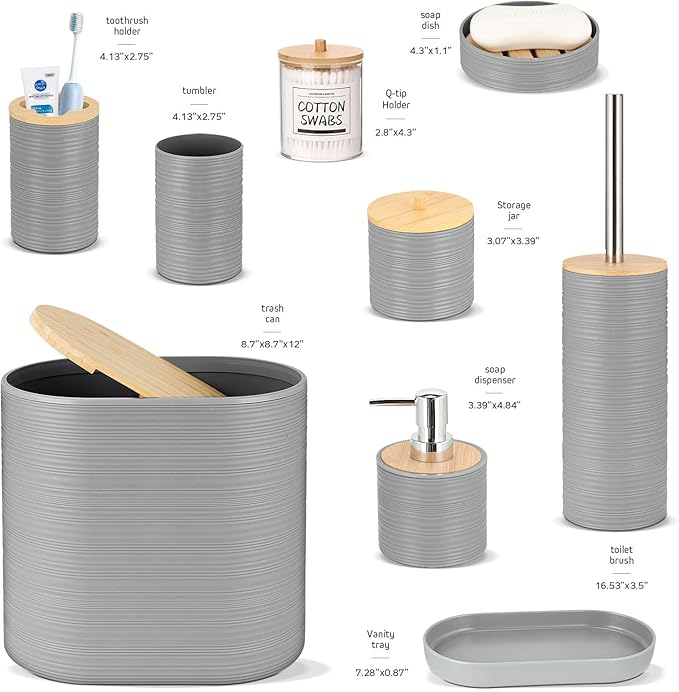 IMAVO Bathroom Accessory Set-11Pcs Grey Bathroom Accessories Set with Trash Can,Soap Dispenser,Soap Dish,Toothbrush Holder,Toothbrush Cup,Toilet Brush Holder,Qtip Holder Dispenser with Labels