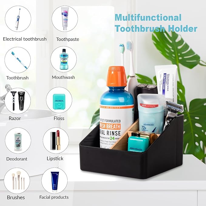 Toothbrush Holder for Bathrooms, 5 Slots Tooth Brush Holder with Detachable Bamboo Dividers, Countertop Organizer for Electric Toothbrushes, Toothpaste, Razors, Floss - Wihte