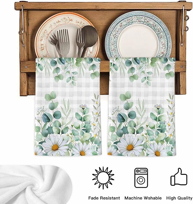 Kitchen Towels Set of 3, Green Eucalyptus Leaves Soft Microfiber Dish Towels, Daisy Summer Botanical Watercolor Plaid Absorbent Washable Dishcloths for Kitchen Cleaning, Drying Dishes, 18x28 Inches