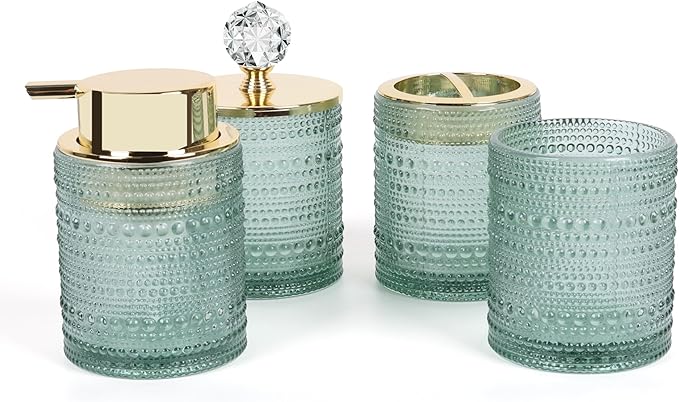FEILANDUO Bathroom Accessories Set,4Pcs Glass Bathroom Accessories,Vanity Bathroom Decor, Soap Dispenser, Toothbrush Holder Set, Apothecary Jar, Gift for Home Apartment (Green)
