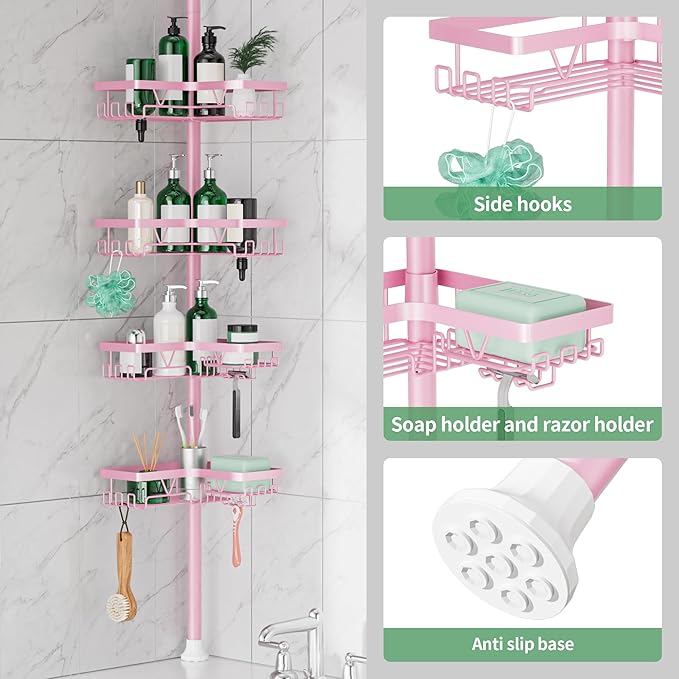 Corner Shower Caddy Tension Pole - Pink - Rustproof Adjustable Bathroom Organizer Shelf for Shampoo, 25–114.2 Inch Shower Rack for Renters, Apartments