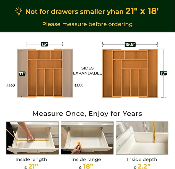 6-Piece Bamboo Drawer Organizer Set, 2.2" Deep Multi-Use Organizers for Utensils, Silverware, Cutlery, Desk, Bathroom, Junk Drawer & Makeup, Non-Slip Feet Included.