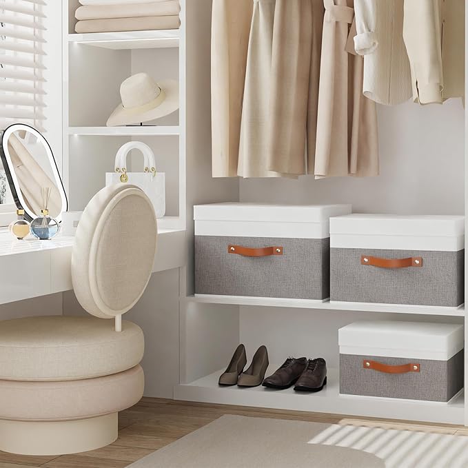 YheenLf Fabric Storage Bins with Lids, Linen Collapsible Boxes, Storage Baskets with Double Handles, White and Grey, 5 Pack, 13 x 9.1 x 7.9 Inch