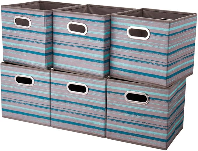 6 Cube Storage Bins Teal Stripes Gradient Lines 10.5x10.5x11 Inch Foldable Whale Coastal Print Fabric Half Storage Basketes for Home Organizers Storage Drawer,QY-SC12-6