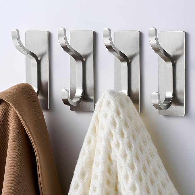 pickpiff Adhesive Wall Coat Hooks - Heavy Duty Stick-On Door Hanger, Metal Hook for Hanging Towel,Purse, Robe, Backpack, Jacket, Clothes - for Bathroom,Dorm, Closet, Kitchen - Brushed Silver, 10 Pack