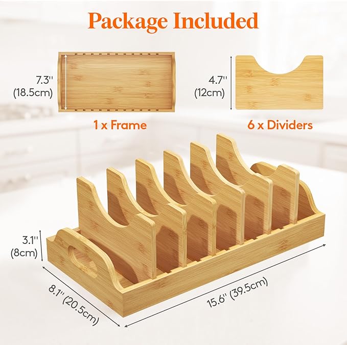 Lifewit Bamboo Pot Lid Organizers for Inside Cabinet, Pot and Pans Lid Holder with 6 adjustable Inserts & 7 Compartments, Lid Storage for Kitchen Pantry Organization, 15.6" X 8.1"