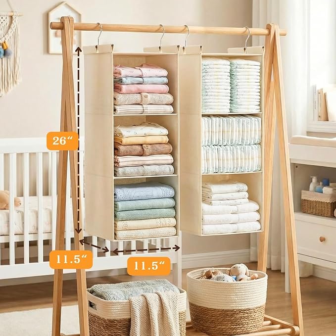 Ofiray-home Pure Cotton Dual Hanging Closet Organizer, 2-Pack 3-Tier Breathable Storage Bags for Wardrobe, RV, Nursery, Small Closets Heavy-Duty Cotton, Natural Beige