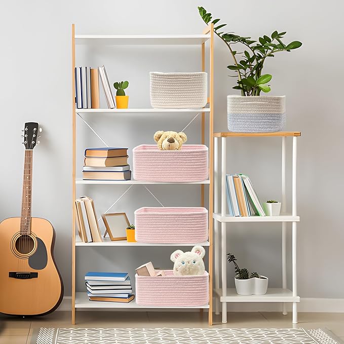 COMFY-HOMI 11.5"x7.5"x4.7" Storage Baskets for Organizing | Cotton Rope Woven Basket | Toy Storage Bin Box | Basket for Shelves, Closet Organizer Bin, Decorative Closet Shelf, 3 Pack, all pink